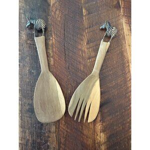 Hand Carved African Wooden Zebra Salad Spoon &amp; Fork Set